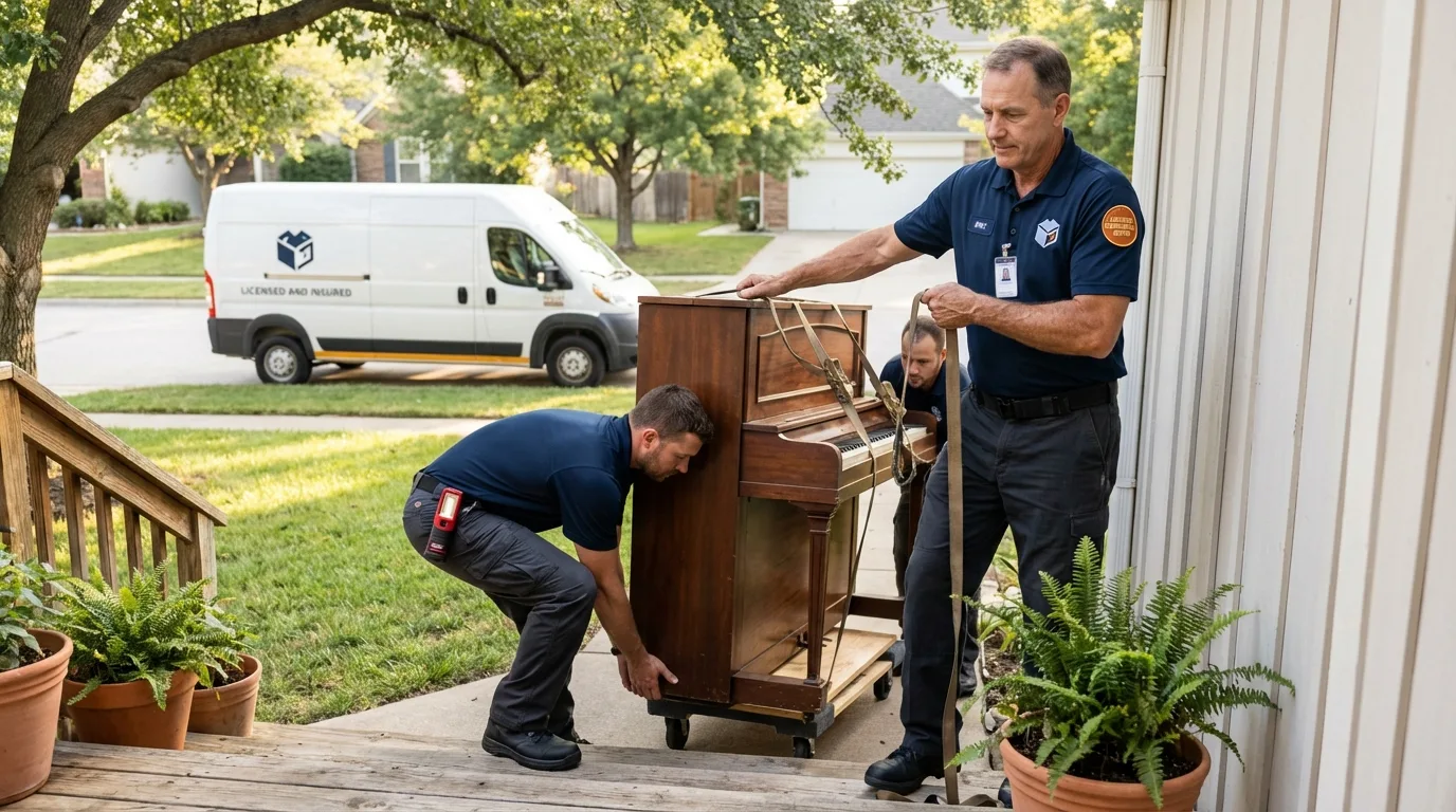 Licensed piano movers securing grand piano in Lake Waccamaw, NC