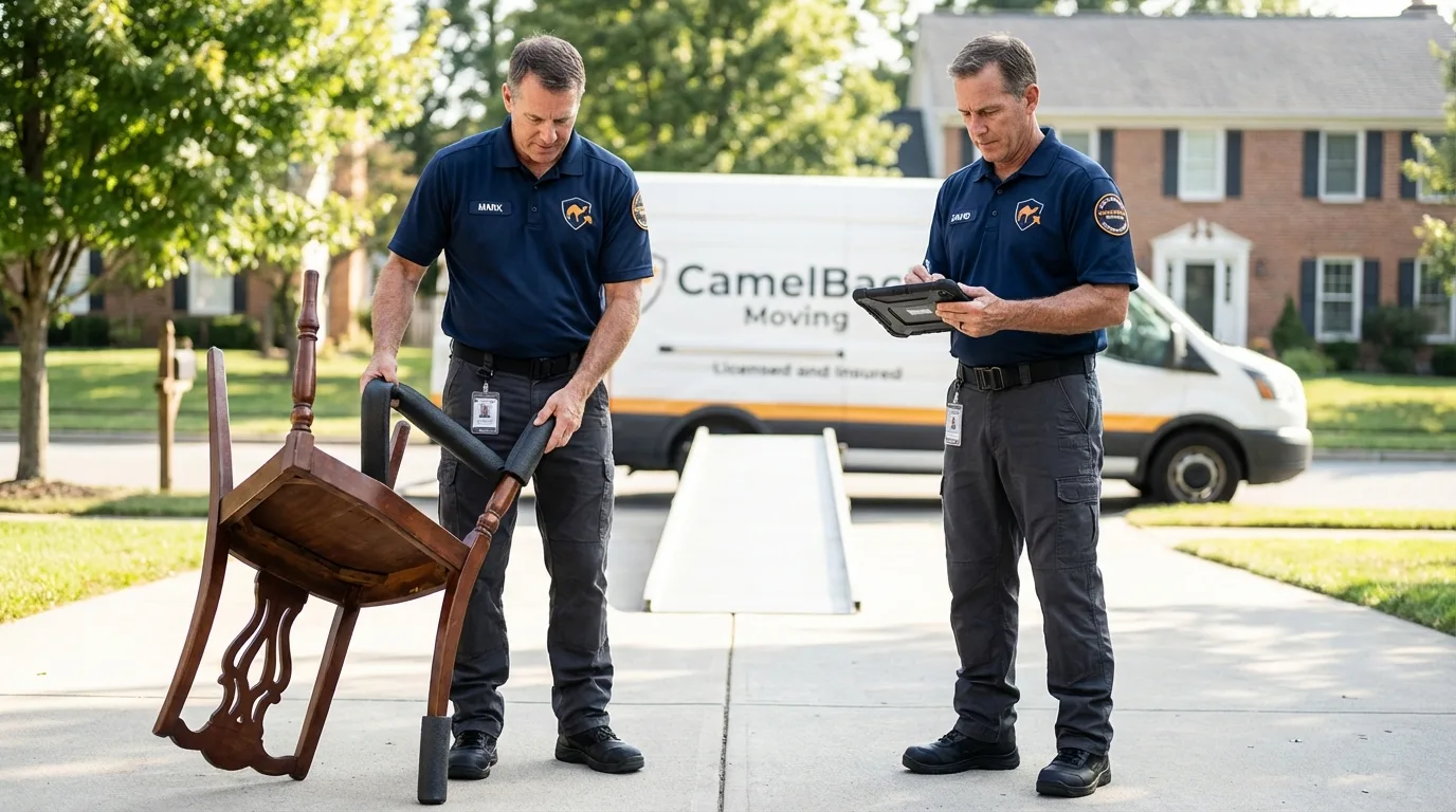 Movers inspecting furniture for damage prevention before loading in Lake Waccamaw, NC