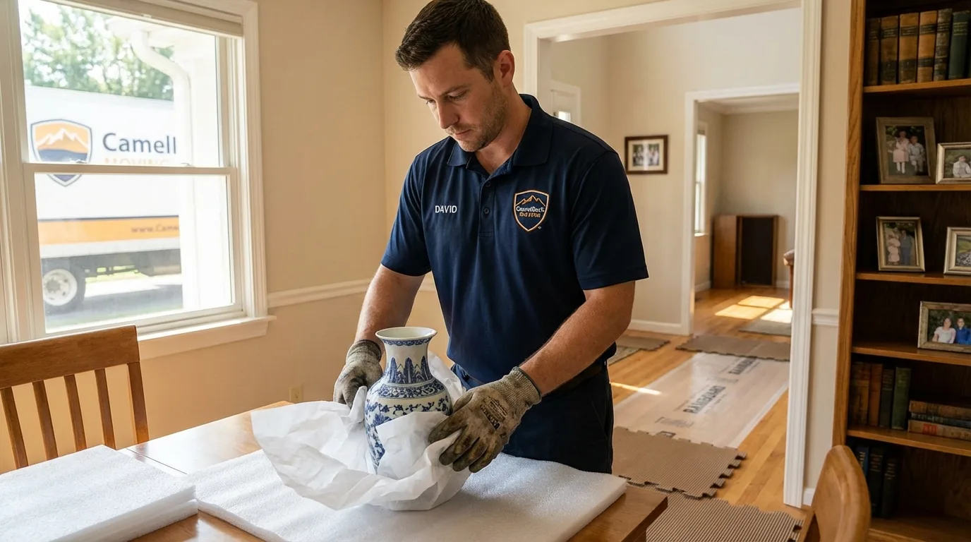Professional crew carefully wrapping antique vase for senior downsizing move in Lake Waccamaw, NC
