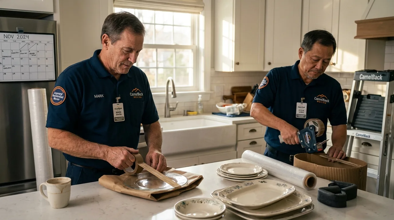 Professional crew packing kitchen dishware in Lake Waccamaw, NC